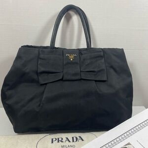 Authentic PRADA TESSUTO black nylon ribbon tote hand bag with duster and COA